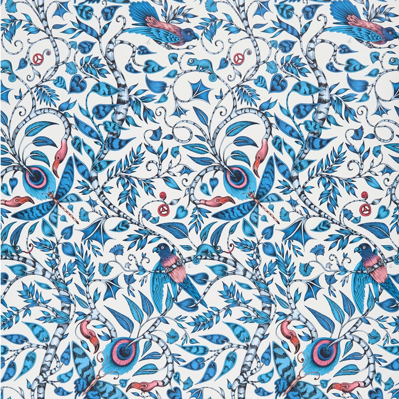 Rousseau Blue wallpaper with turquoise birds, curling foliage and pink accents on white