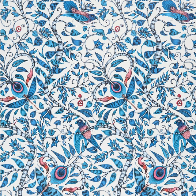 Rousseau Blue wallpaper with turquoise birds, curling foliage and pink accents on white