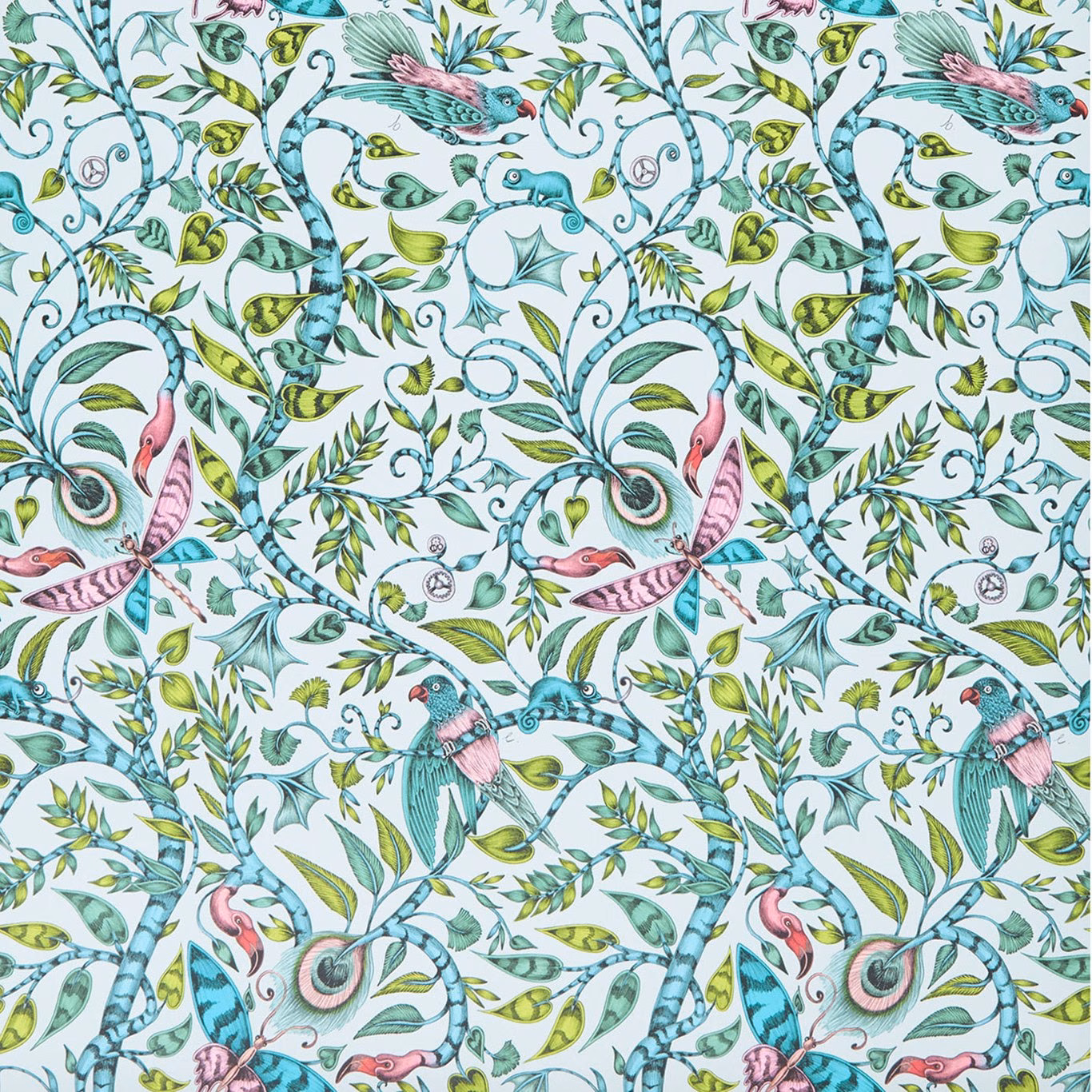 Pale eggshell wallpaper with turquoise birds, pink plumage and curling botanical vines