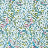 Pale eggshell wallpaper with turquoise birds, pink plumage and curling botanical vines
