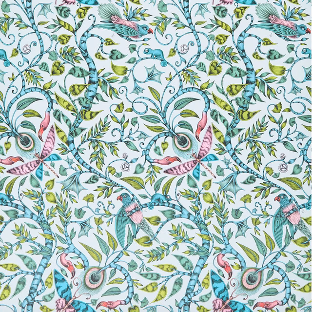 Pale eggshell wallpaper with turquoise birds, pink plumage and curling botanical vines