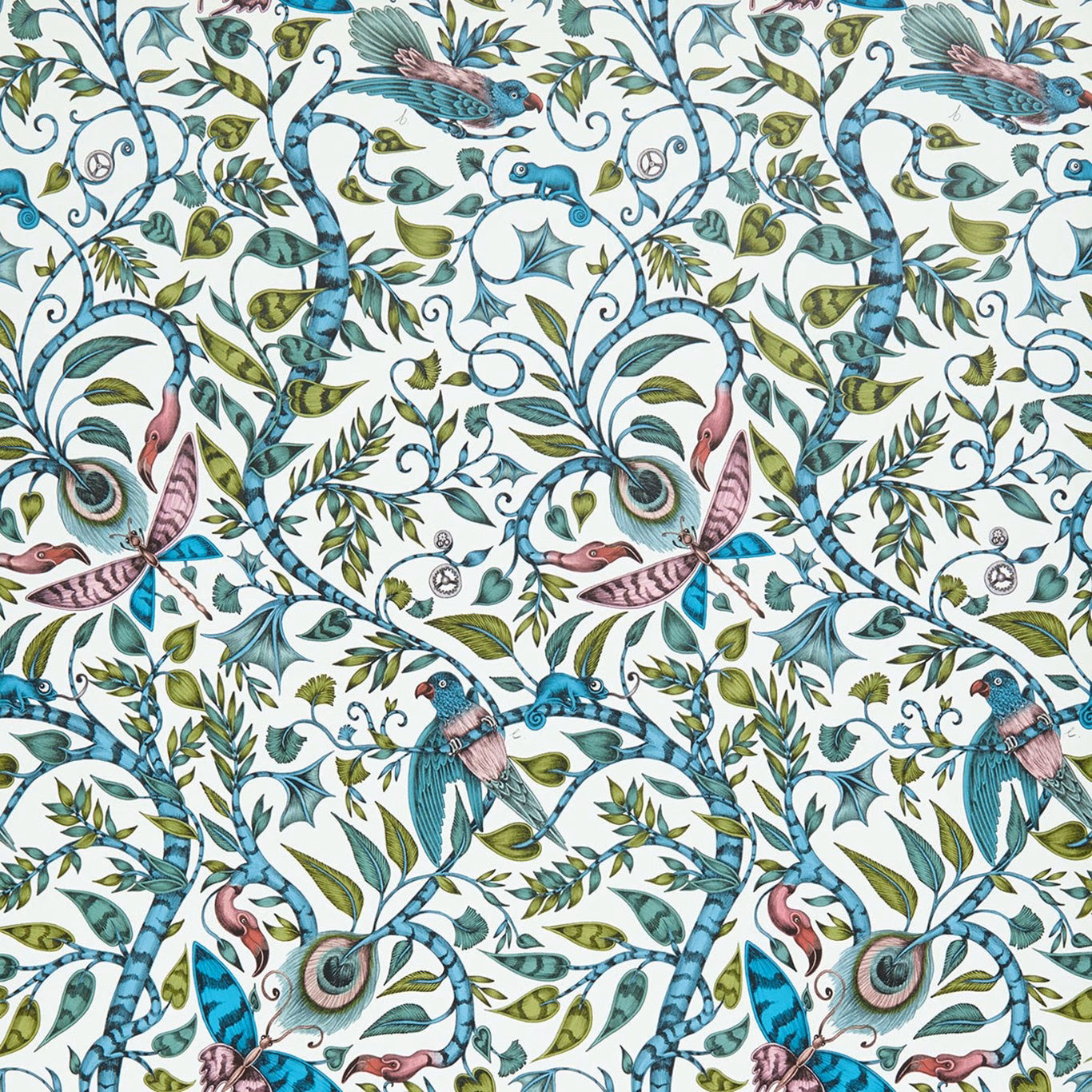 Pale Rousseau Jungle wallpaper with teal birds, olive leaves and pink accents