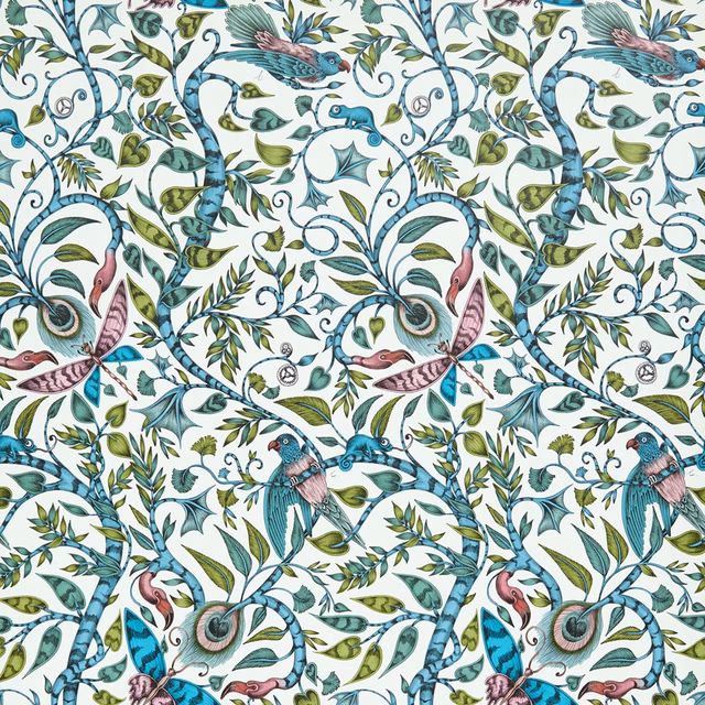 Pale Rousseau Jungle wallpaper with teal birds, olive leaves and pink accents