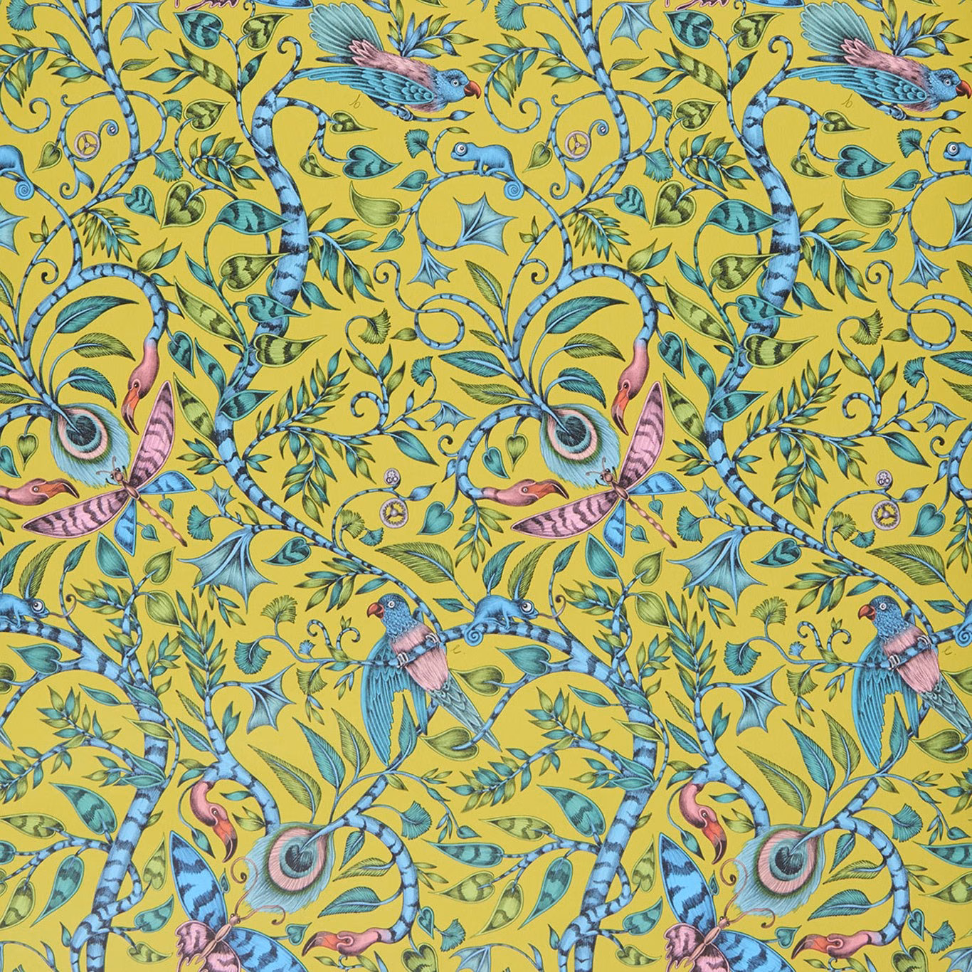 Lime-yellow wallpaper with blue birds, pink accents, winding vines and leafy botanical detail