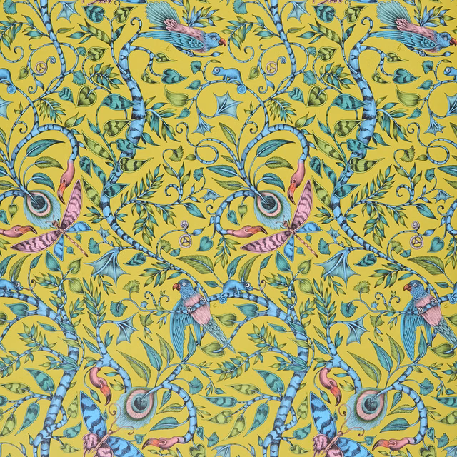 Lime-yellow wallpaper with blue birds, pink accents, winding vines and leafy botanical detail