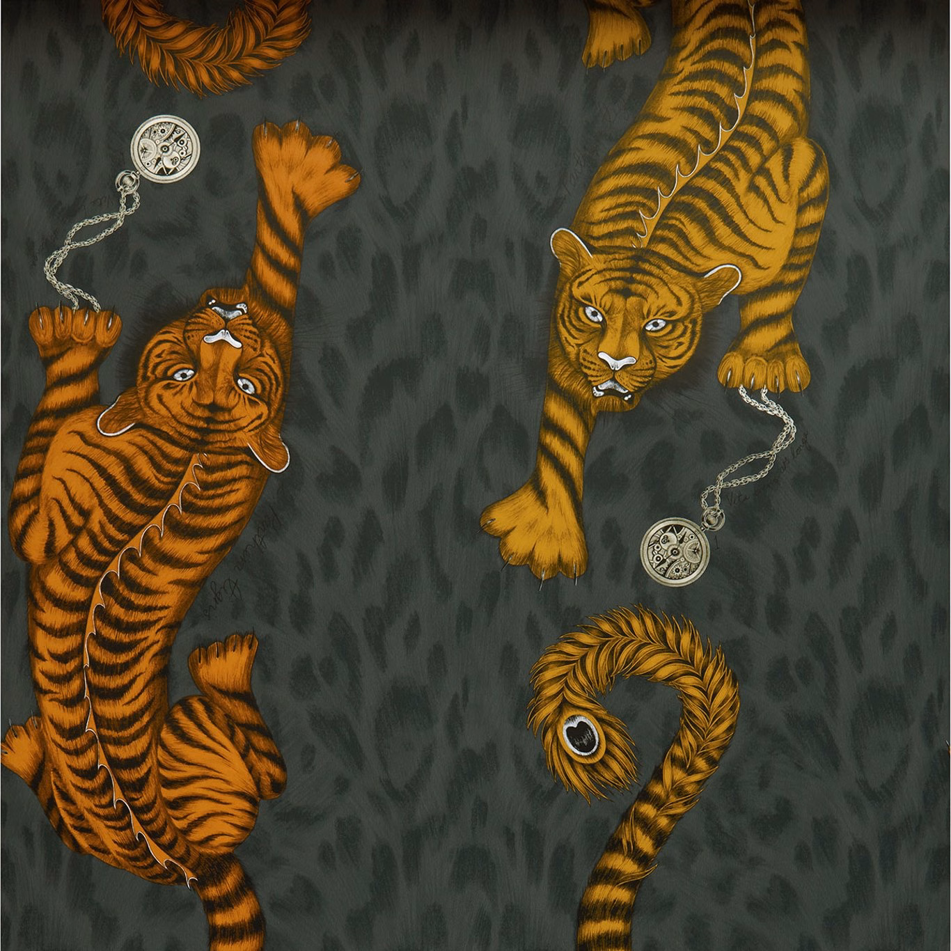 Flame-orange tigers and curled tail motifs on a charcoal animal-print ground
