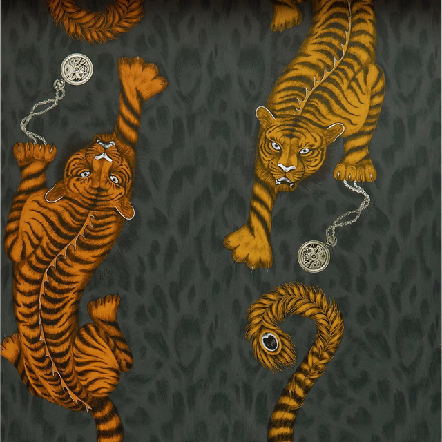 Flame-orange tigers and curled tail motifs on a charcoal animal-print ground