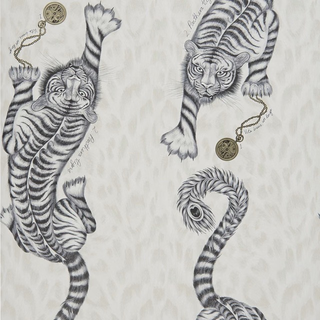Charcoal-striped tigers and curling tail motifs on a pale ivory wallpaper ground