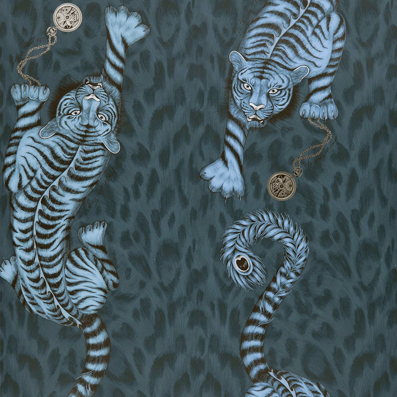 Icy-blue striped tigers and pocket watches on a deep navy teal animal-patterned wallpaper