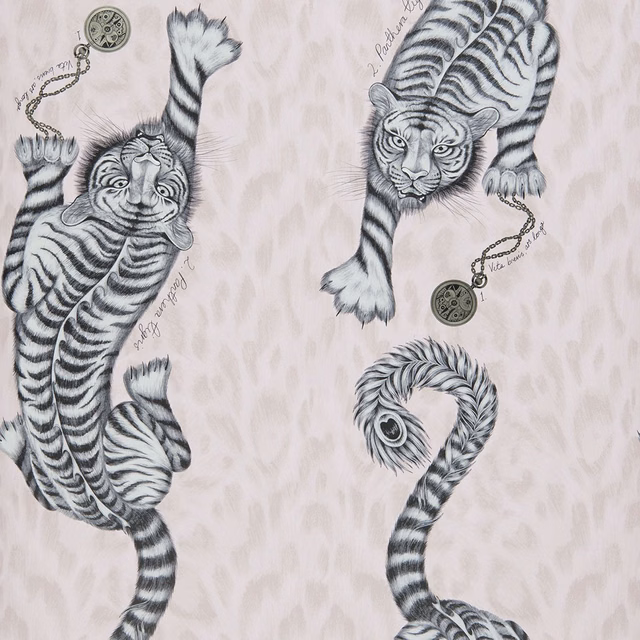 Blush pink wallpaper with charcoal tiger illustrations, curled tails and pendant details