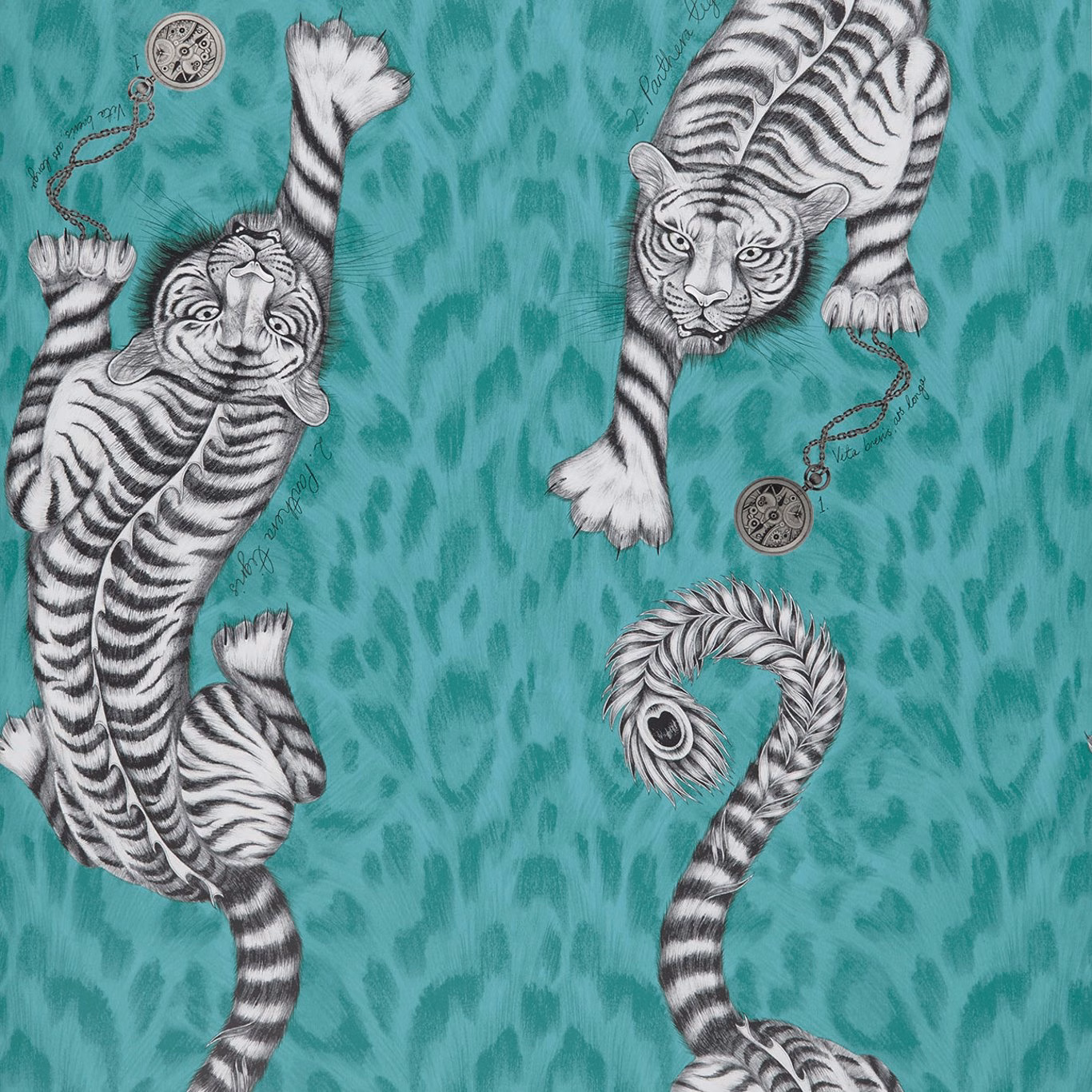 Tigris Teal wallpaper with black-and-white striped tigers on a textured teal ground