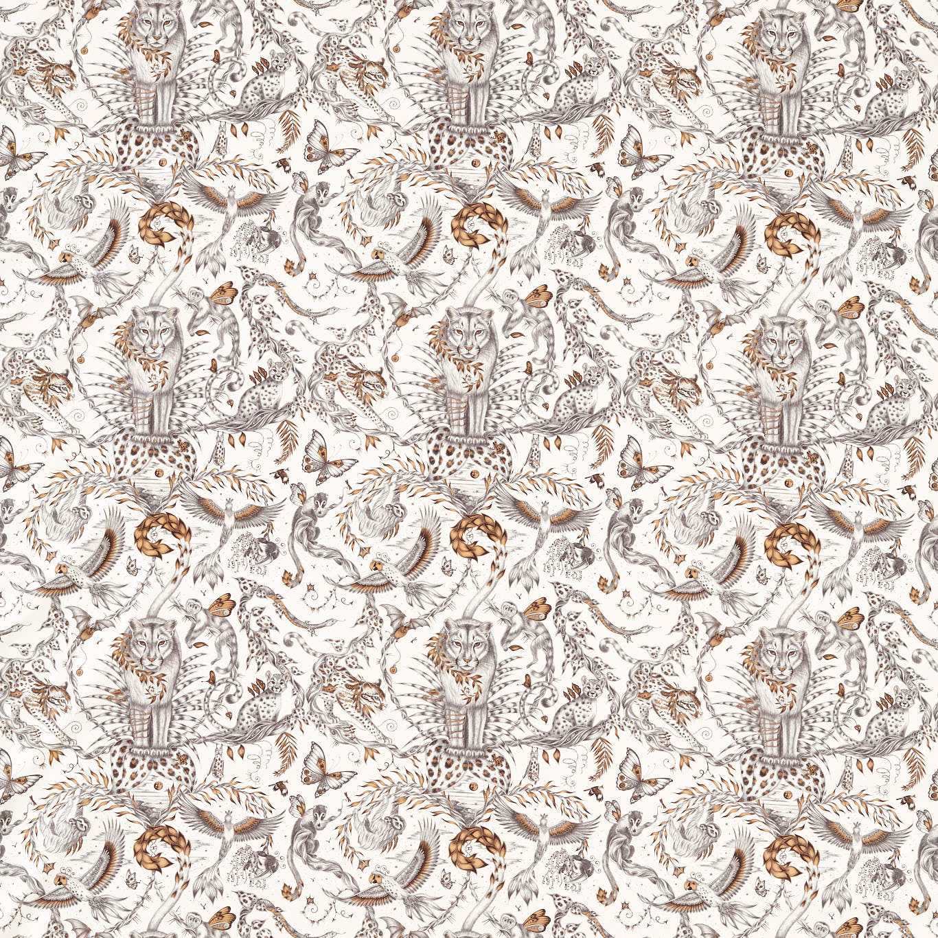 Ivory fabric with bronze owls, woodland animals and fine taupe linework