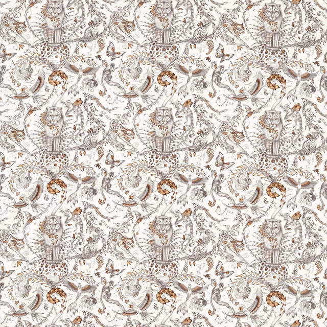 Ivory fabric with bronze owls, woodland animals and fine taupe linework