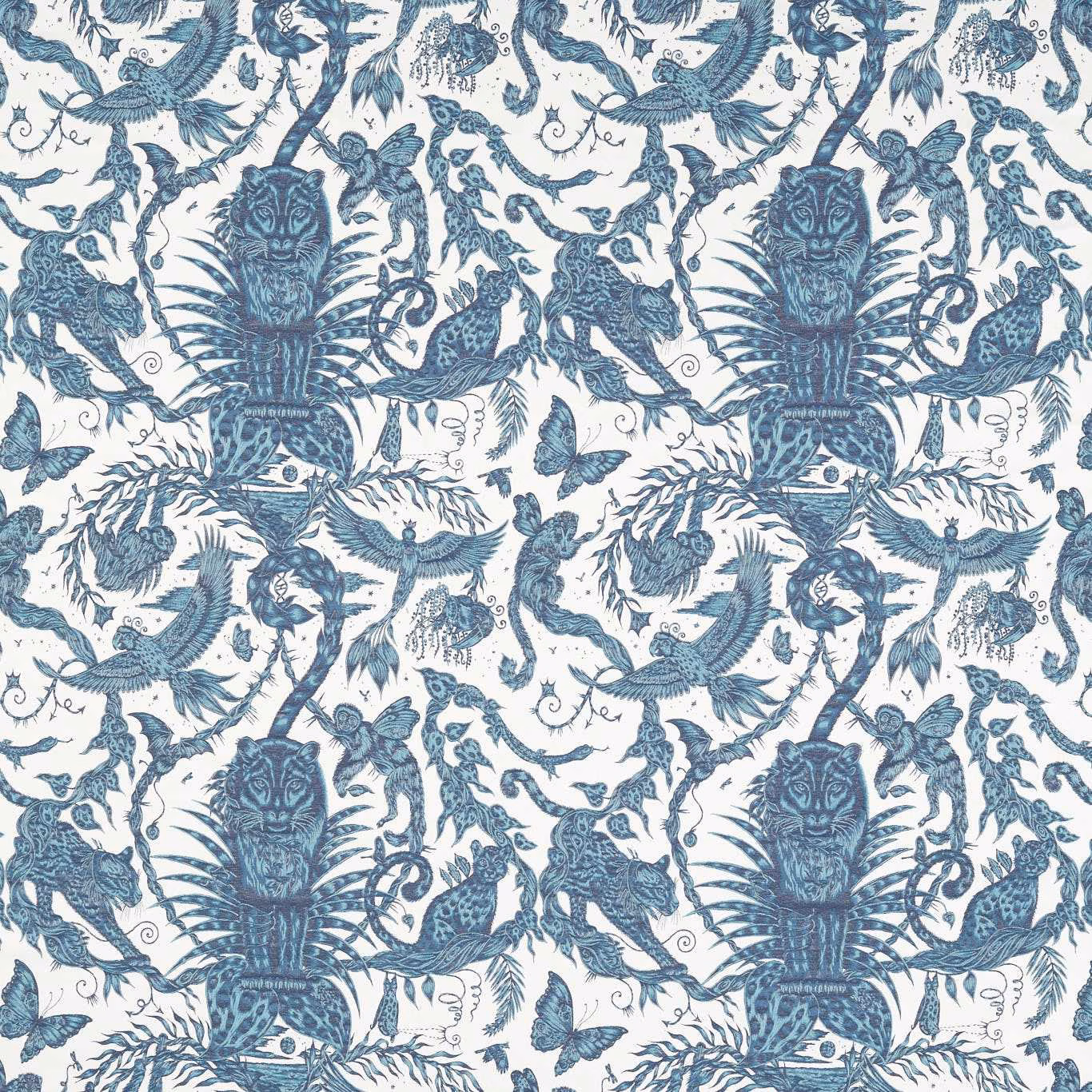 Ink-blue birds, big cats and botanical forms woven across an ivory ground