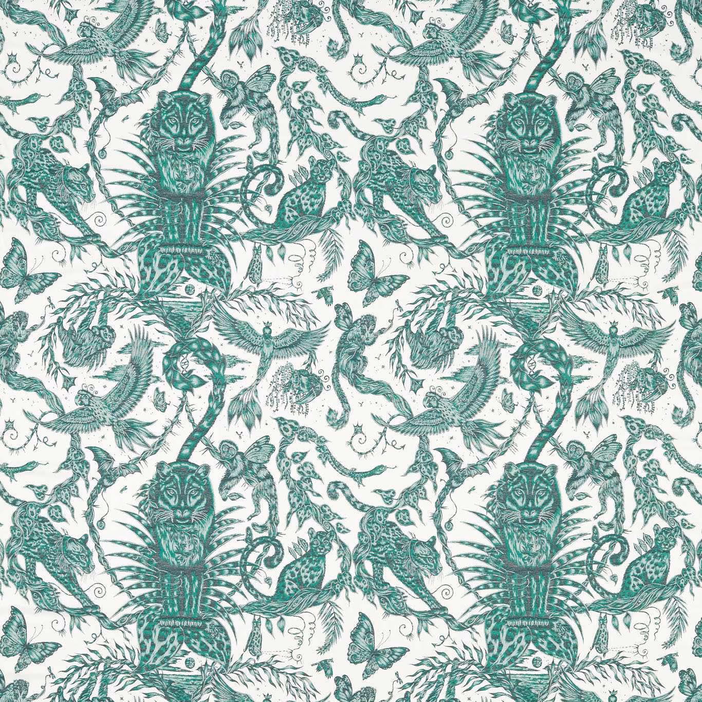 Seafoam jacquard with ivory ground, illustrated big cats, birds and botanical foliage