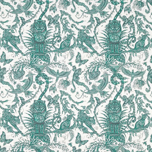 Seafoam jacquard with ivory ground, illustrated big cats, birds and botanical foliage