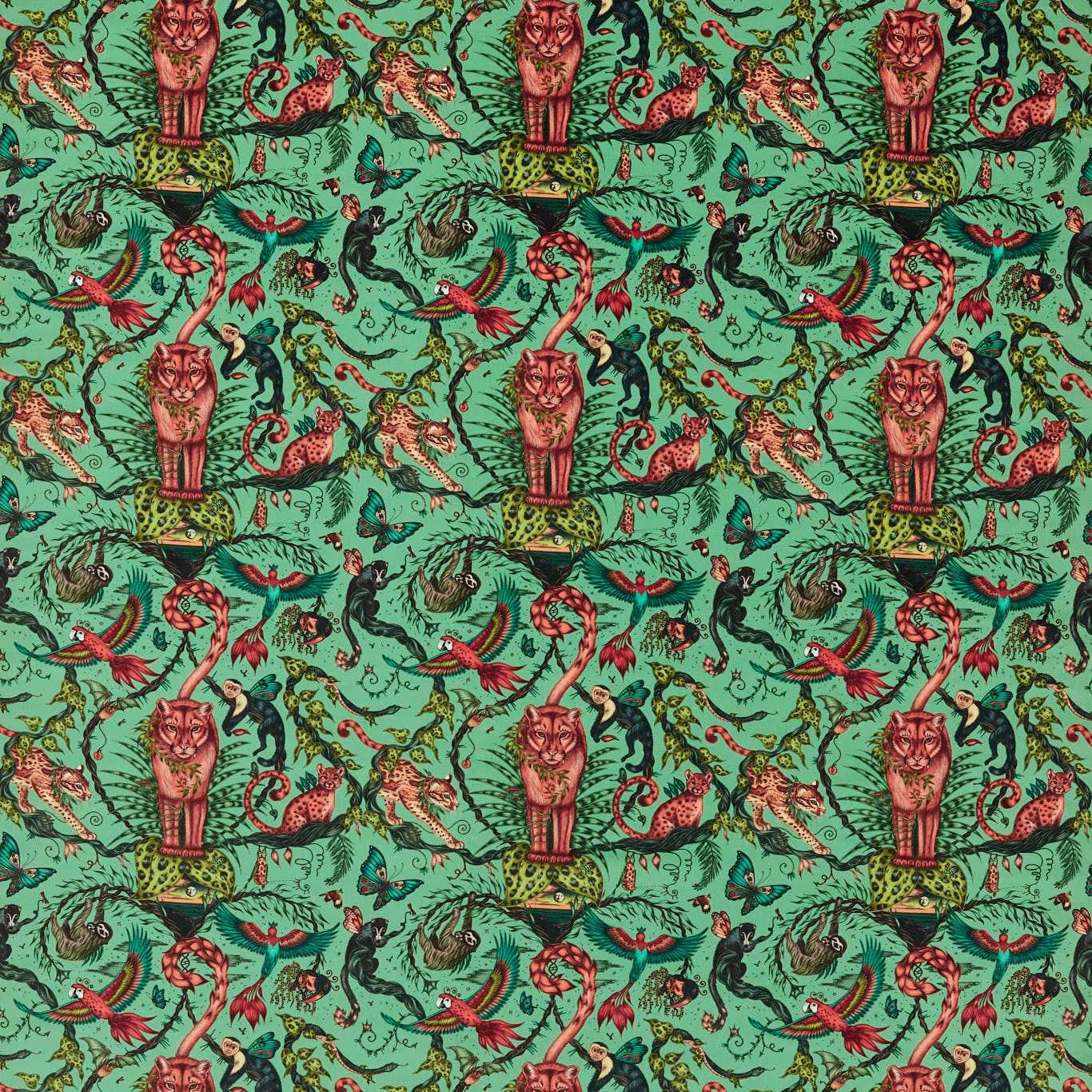 Aquamarine velvet with coral monkeys, flamingos, birds and curling jungle foliage