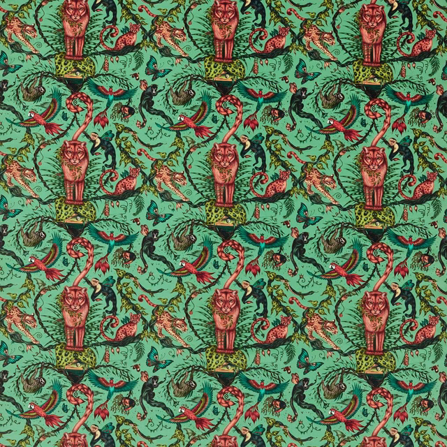 Aquamarine velvet with coral monkeys, flamingos, birds and curling jungle foliage