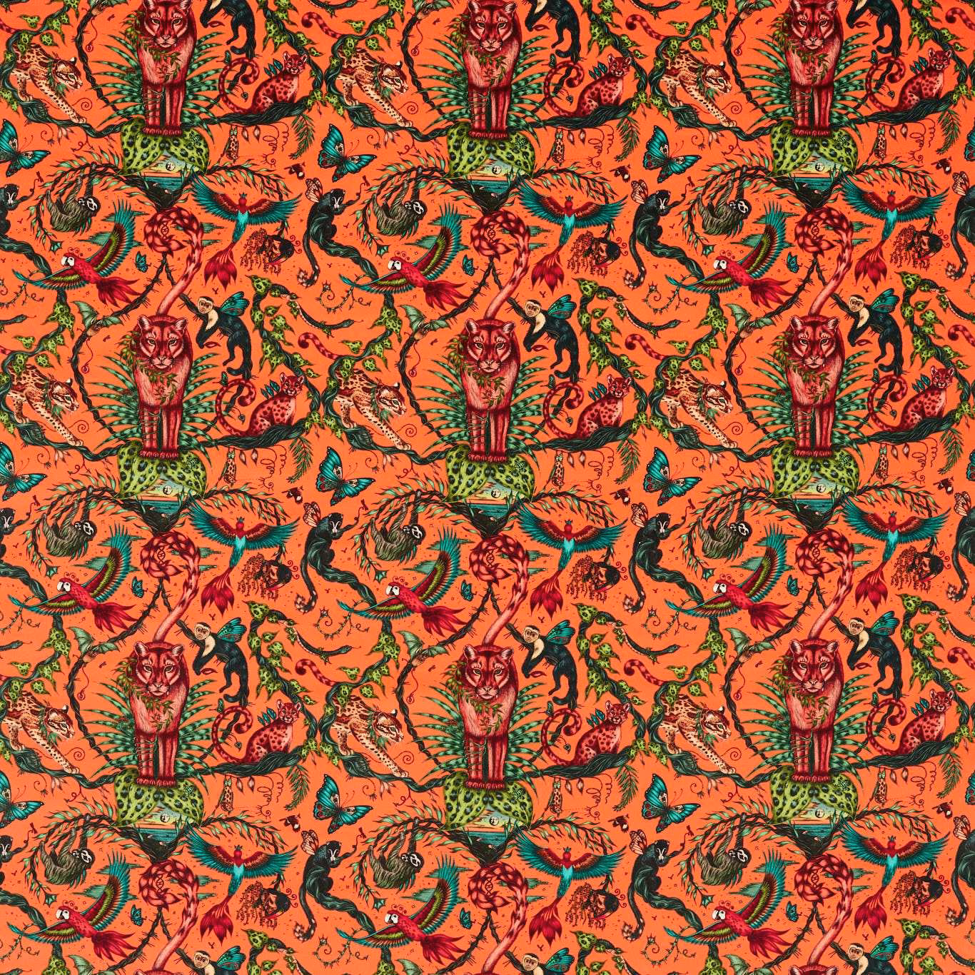 Coral-orange velvet with repeating dark green foliage, birds, butterflies and jungle figures