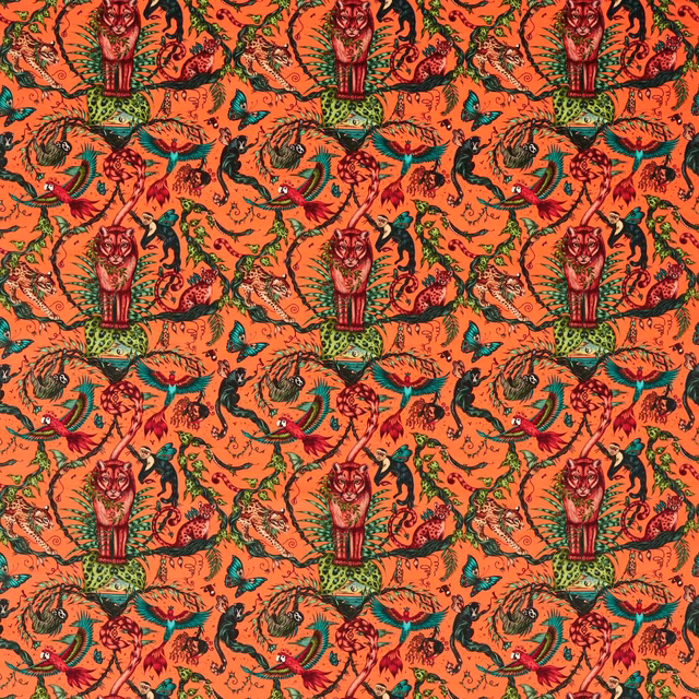 Coral-orange velvet with repeating dark green foliage, birds, butterflies and jungle figures