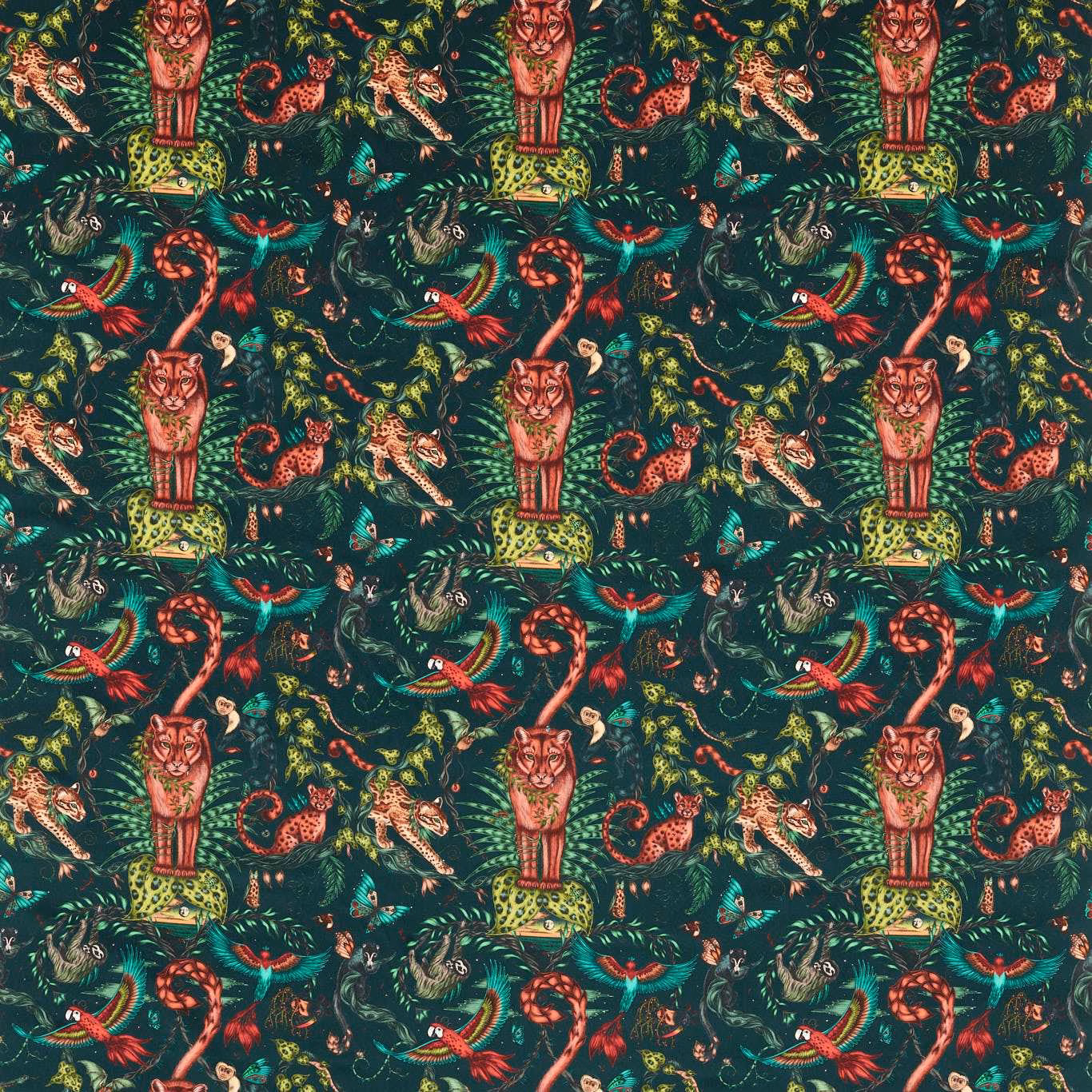 Deep forest-green velvet with coral tigers, turquoise birds and curling jungle foliage