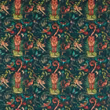 Deep forest-green velvet with coral tigers, turquoise birds and curling jungle foliage
