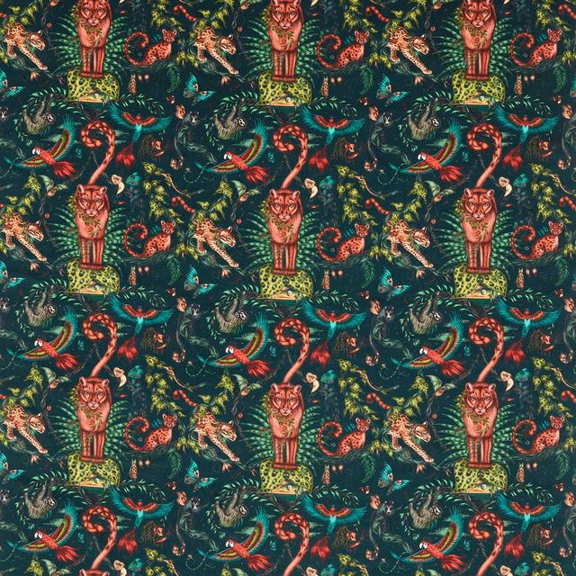 Deep forest-green velvet with coral tigers, turquoise birds and curling jungle foliage