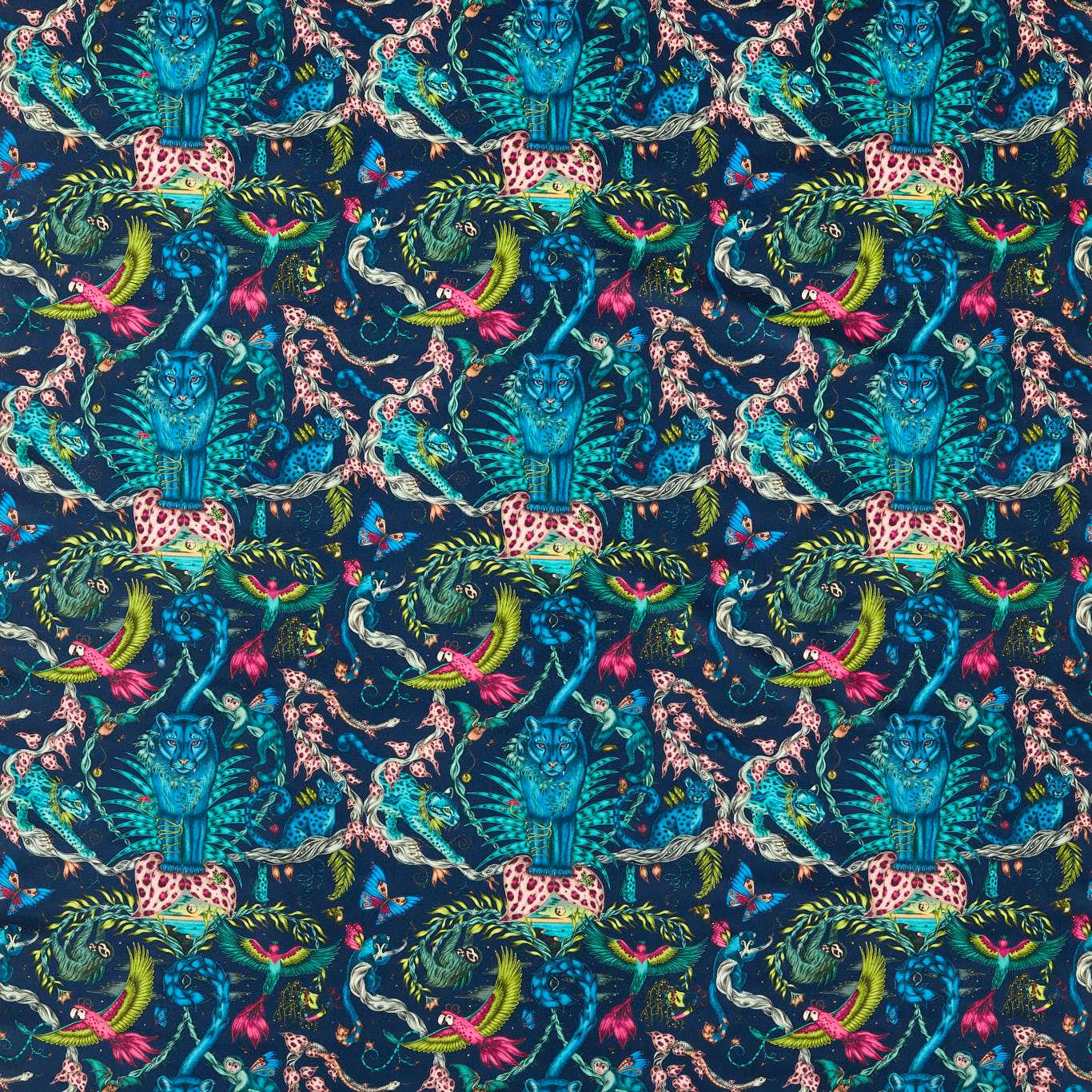 Navy velvet with turquoise animals, pink spotted cats and vivid jungle foliage