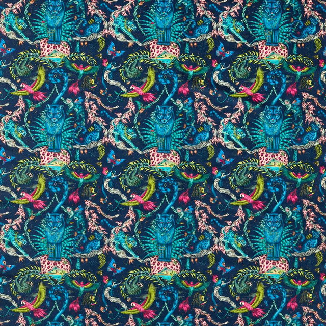 Navy velvet with turquoise animals, pink spotted cats and vivid jungle foliage