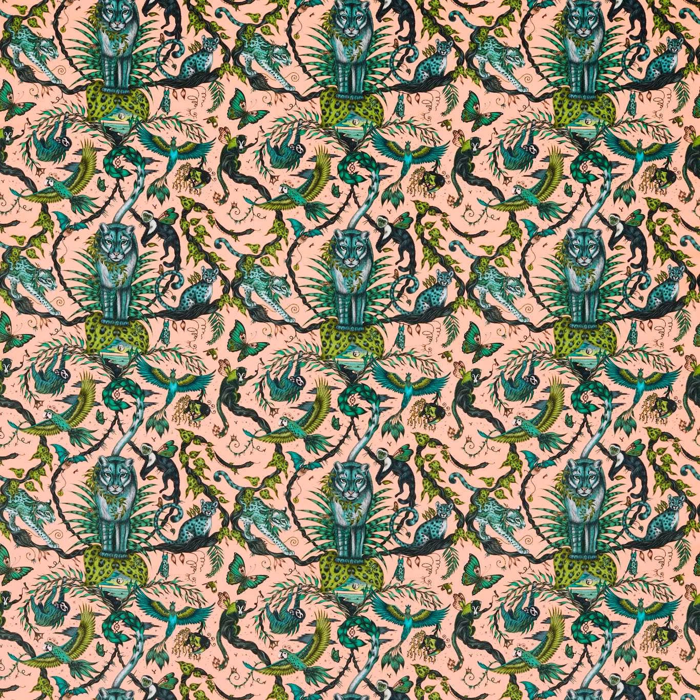 Coral pink velvet with teal feline figures, birds and dense curling jungle foliage