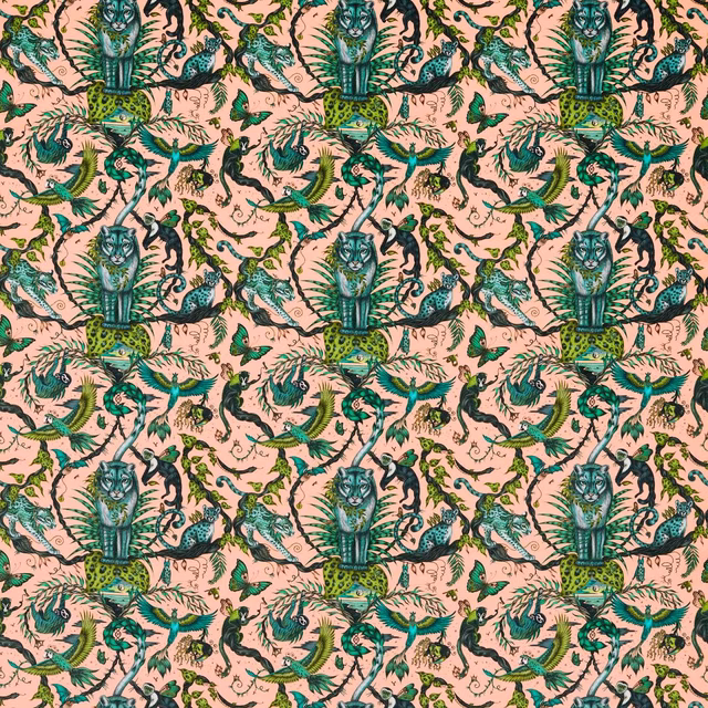 Coral pink velvet with teal feline figures, birds and dense curling jungle foliage