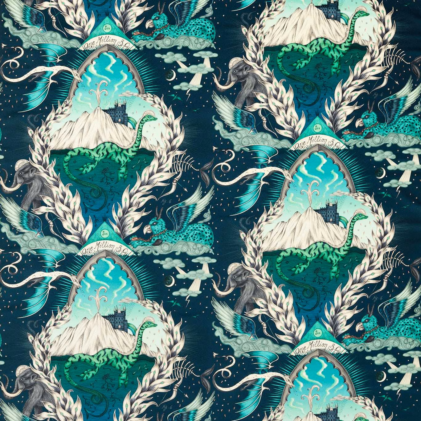 Deep marine velvet with turquoise mountain arches, cream foliage and green long-necked creatures