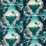Deep marine velvet with turquoise mountain arches, cream foliage and green long-necked creatures