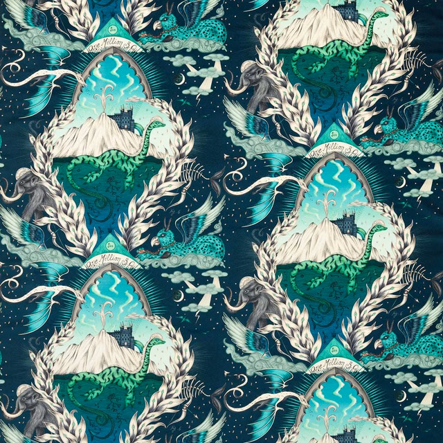 Deep marine velvet with turquoise mountain arches, cream foliage and green long-necked creatures