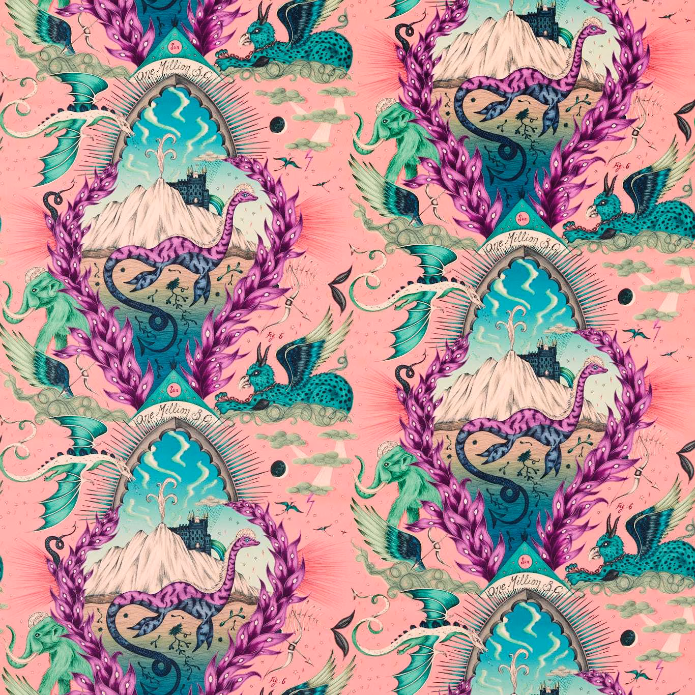 Coral pink velvet with turquoise mountain scenes, emerald birds and violet foliage