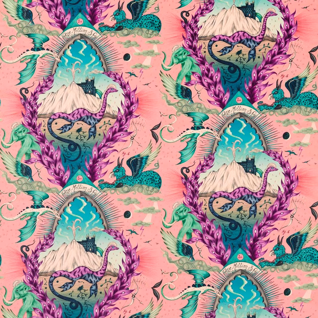 Coral pink velvet with turquoise mountain scenes, emerald birds and violet foliage