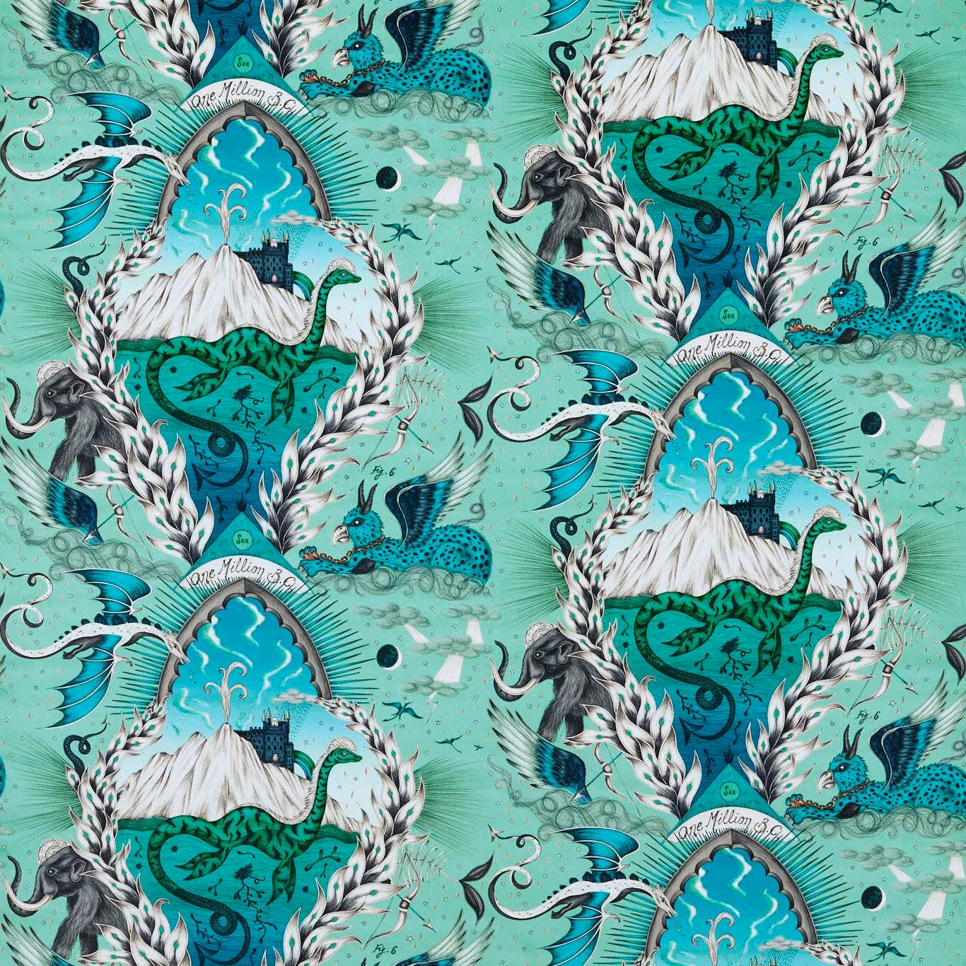 Cool mint-sage velvet with turquoise mountain medallions, dragons, birds and white peaks