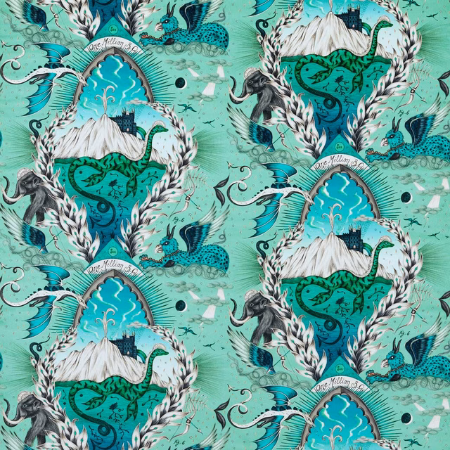Cool mint-sage velvet with turquoise mountain medallions, dragons, birds and white peaks