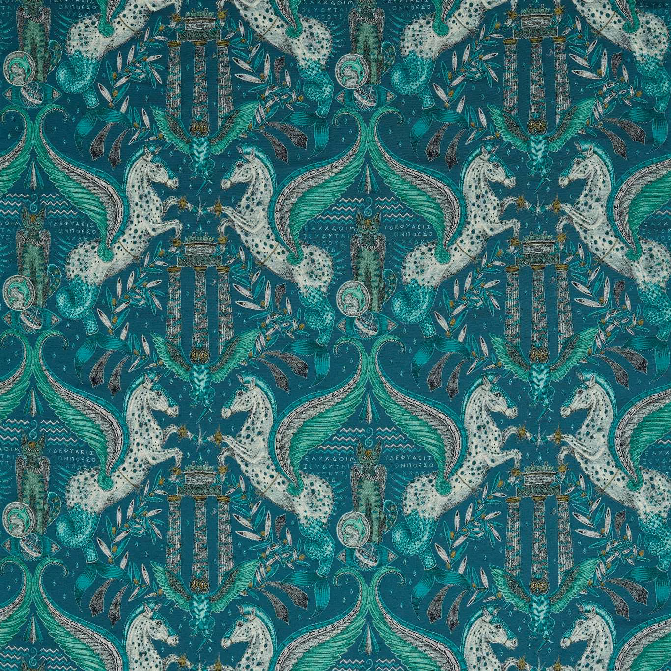 Deep teal jacquard with spotted cats, feathered forms and olive botanical scrolls