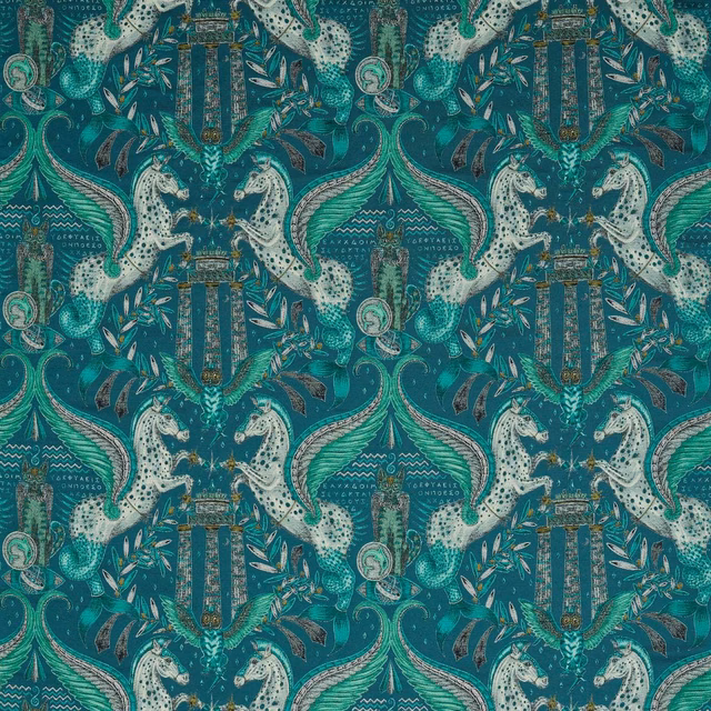Deep teal jacquard with spotted cats, feathered forms and olive botanical scrolls