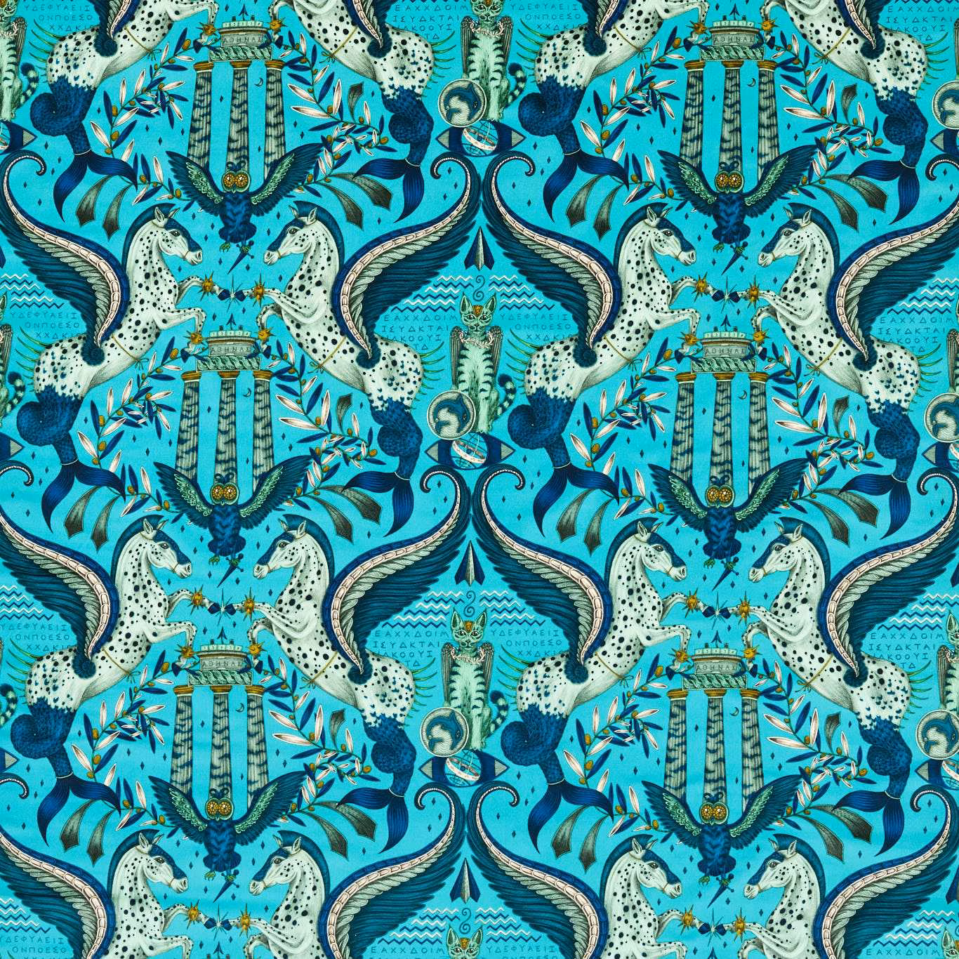 Vivid peacock turquoise velvet with winged ivory horses, lyres and navy foliage