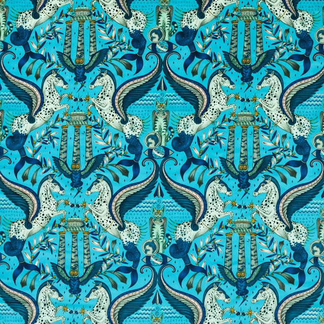 Vivid peacock turquoise velvet with winged ivory horses, lyres and navy foliage
