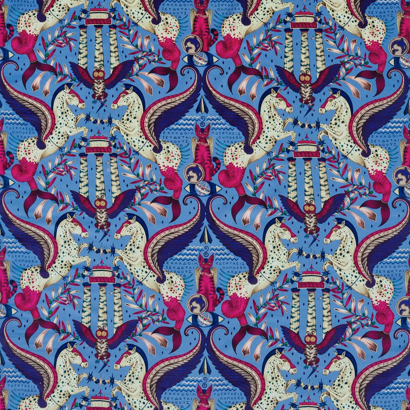 Periwinkle velvet with mirrored fantasy animals, birds, foliage and magenta details