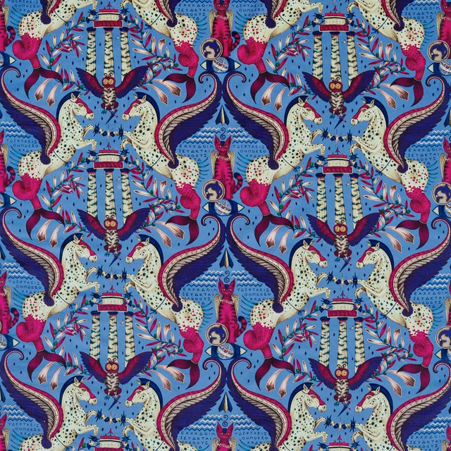 Periwinkle velvet with mirrored fantasy animals, birds, foliage and magenta details
