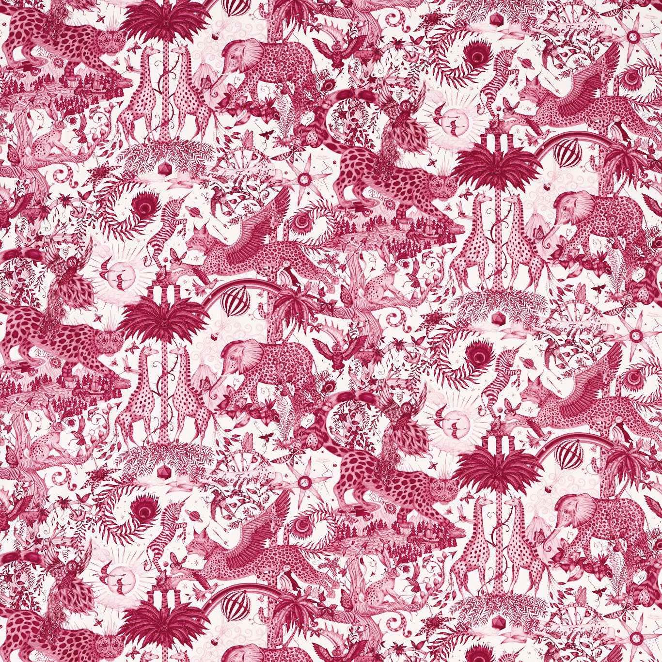 Berry-magenta jungle animals, palms and foliage over an ivory ground