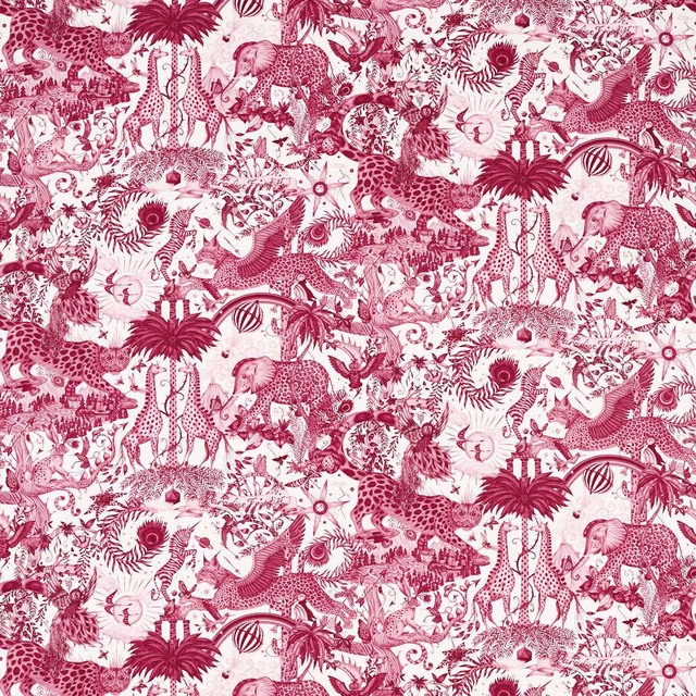 Berry-magenta jungle animals, palms and foliage over an ivory ground