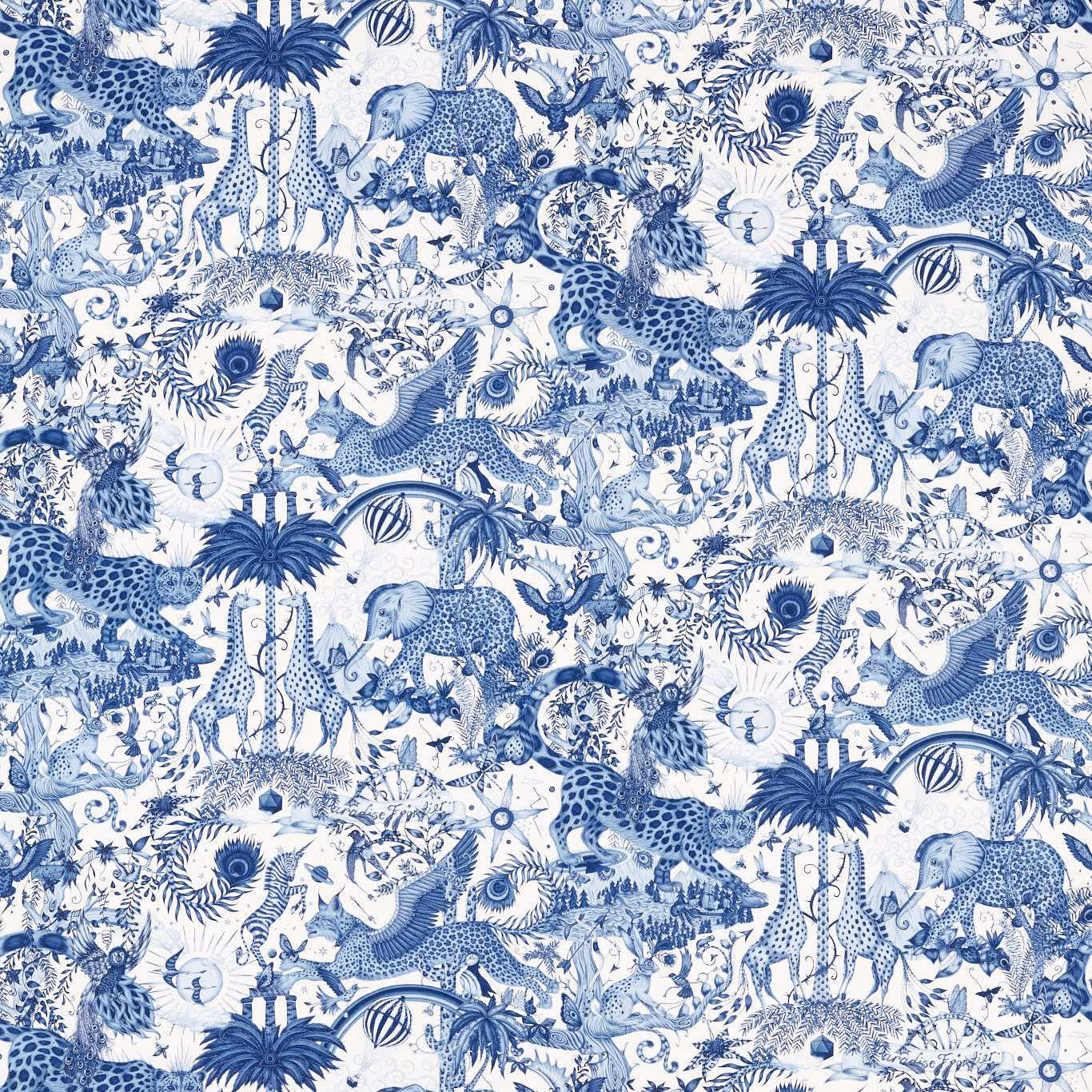 Ink-blue leopards, elephants, palms and birds across a dense white-ground illustrated fabric