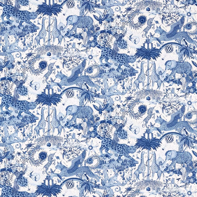 Ink-blue leopards, elephants, palms and birds across a dense white-ground illustrated fabric