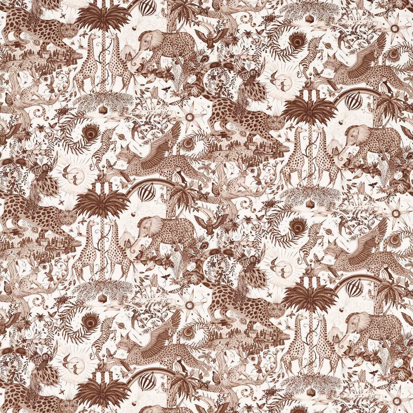 Warm sepia jungle animals, palms and birds across a cream fabric ground