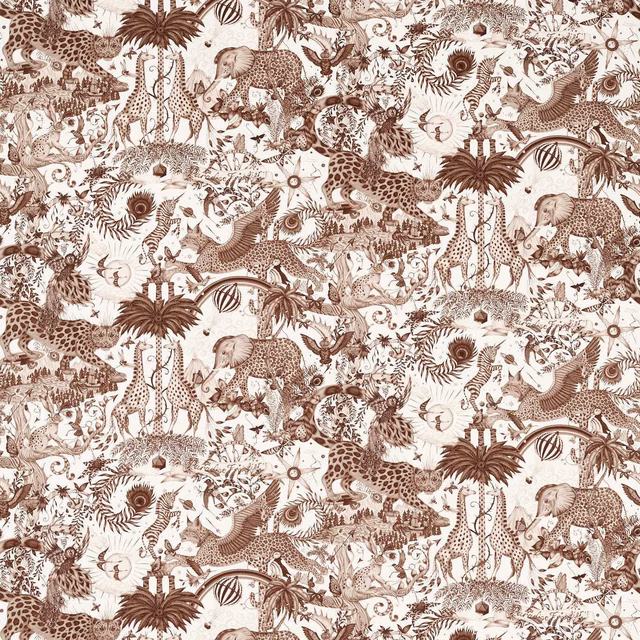 Warm sepia jungle animals, palms and birds across a cream fabric ground